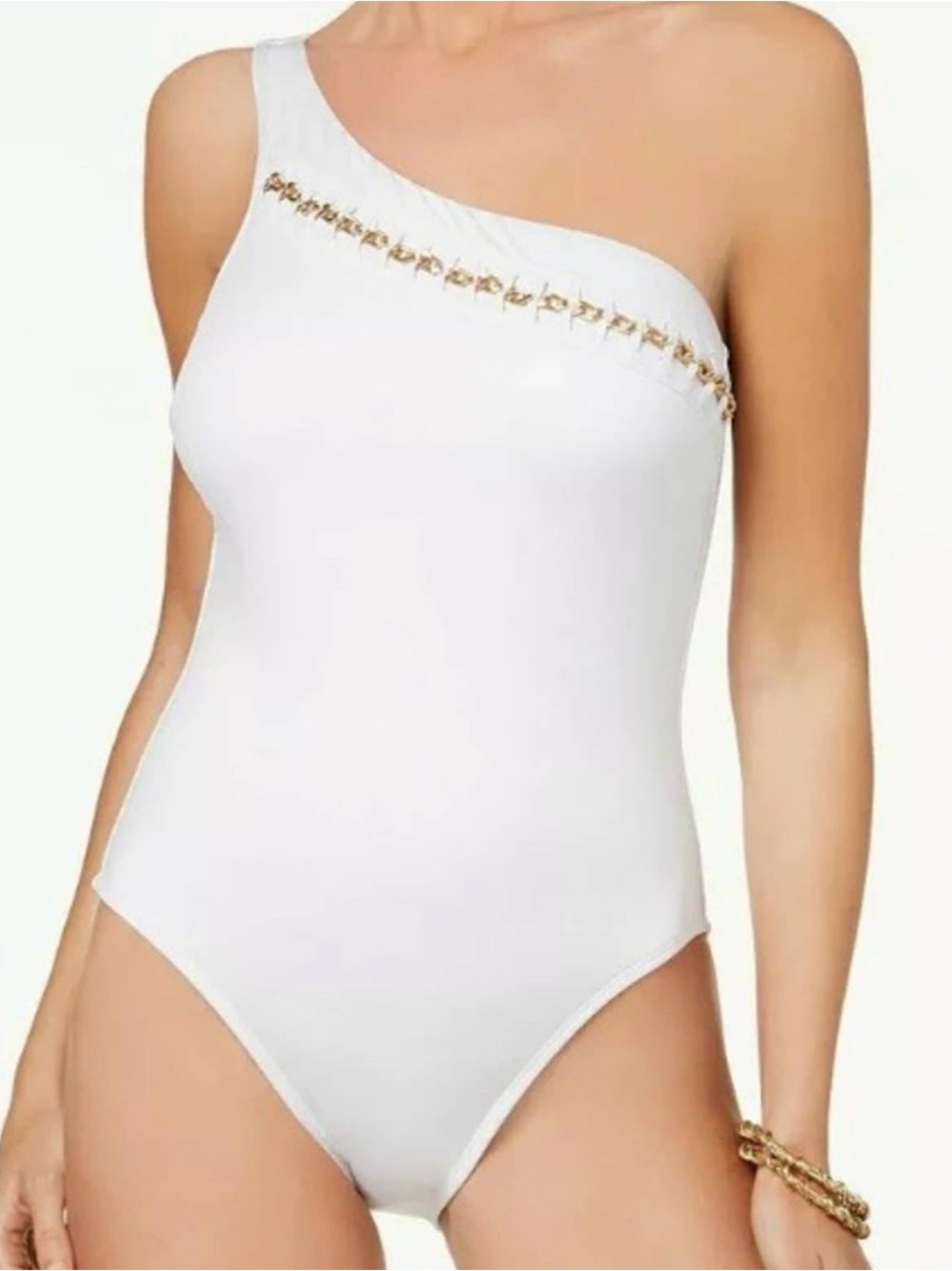 White One-Shoulder Swimsuit with Gold Chain Detail